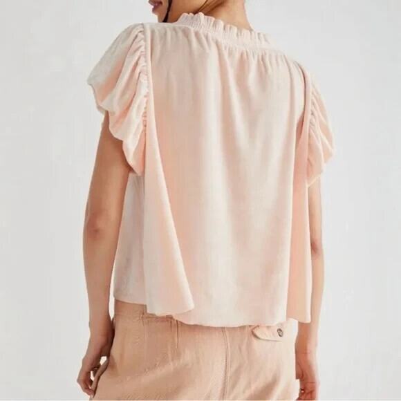 Free People Womens Terese Velvet Crop Top Small Pink Smocked Tie Neck Oversized - Picture 2 of 16